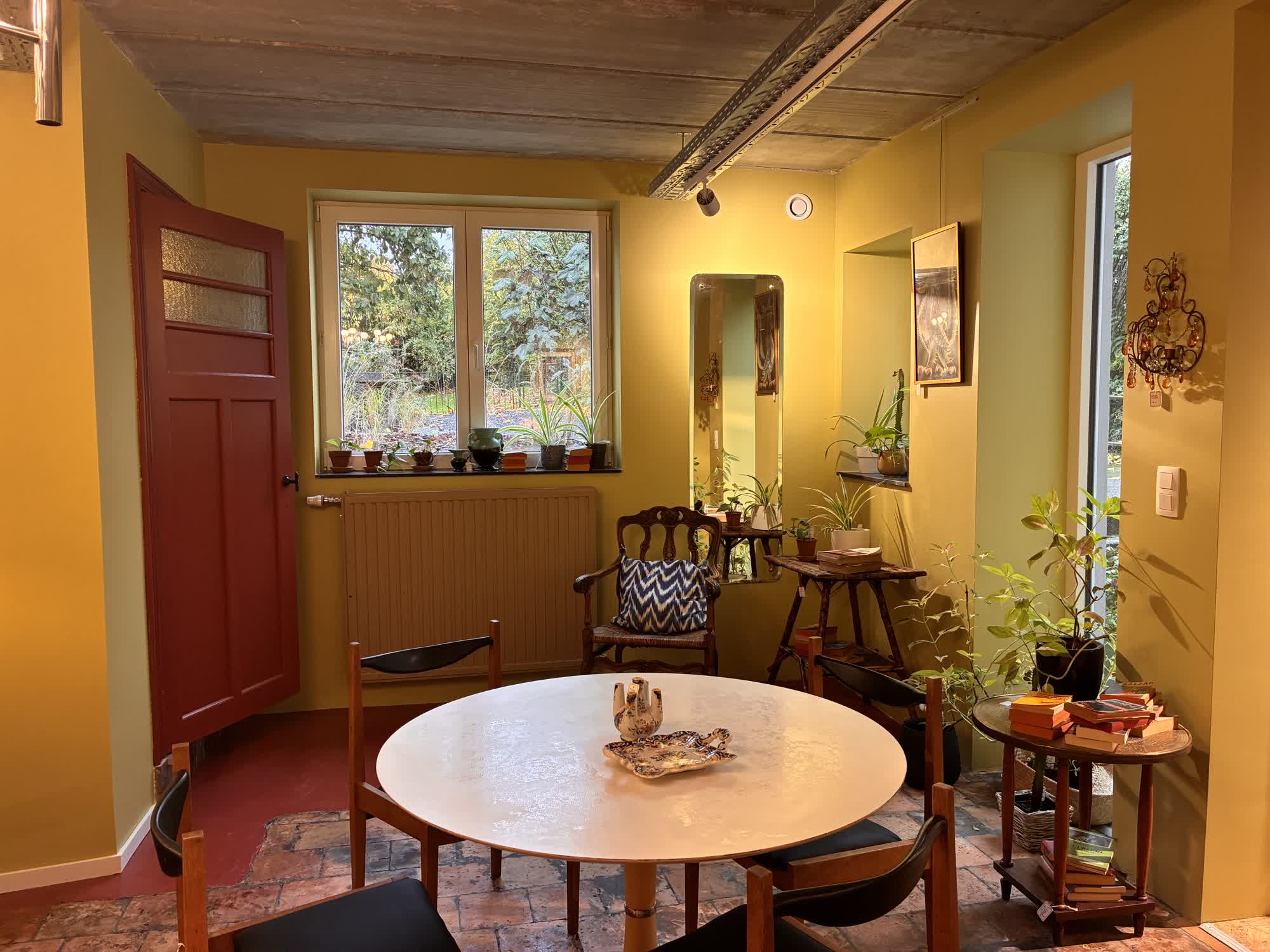 Plantes, livres et mobilier vintage